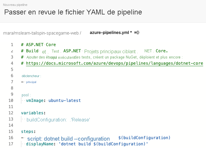Screenshot of Azure Pipelines showing the initial build configuration.