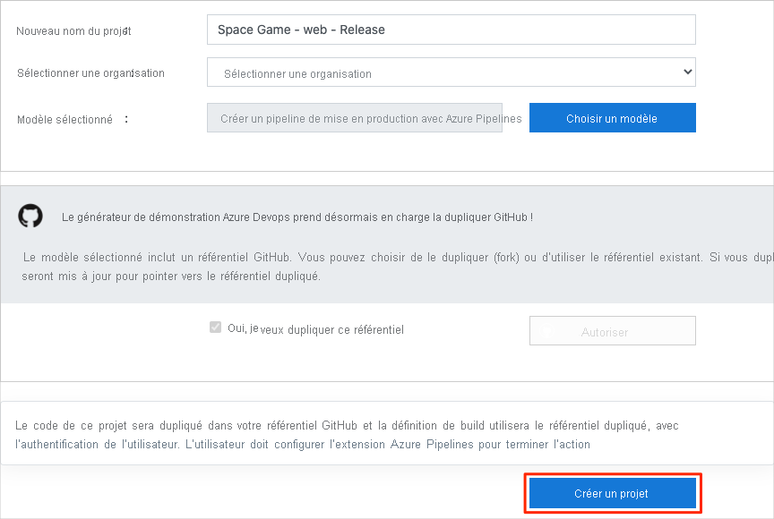 Screenshot of the Azure DevOps Demo Generator web site showing the process to create the project.