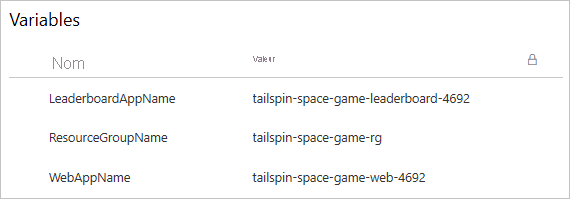 Capture d'écran d'Azure Pipelines illustrant le groupe de variables. Le groupe contient trois variables.