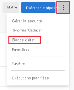 Screenshot of Azure Pipelines showing the options menu to set the build badge.
