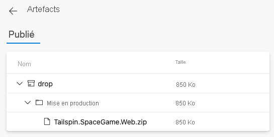 Screenshot of Azure Pipelines showing the published artifact. The artifact includes a .zip file.