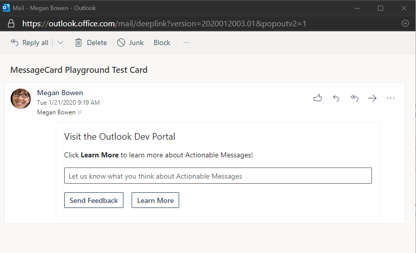 Exemple de carte de message actionnable rendue dans Outlook sur le web
