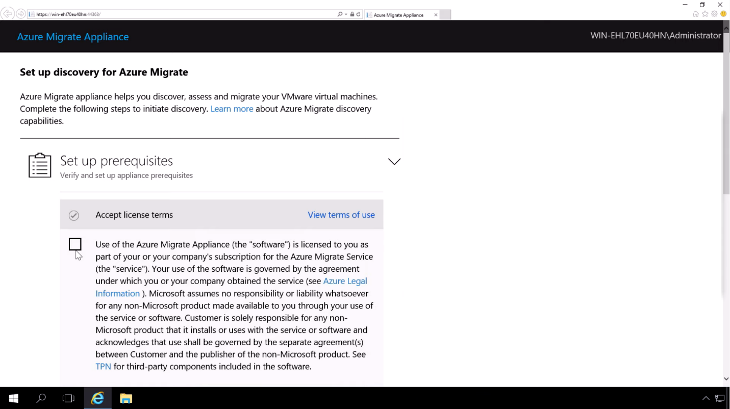Capture d’écran de la configuration de la découverte pour Azure Migrate.