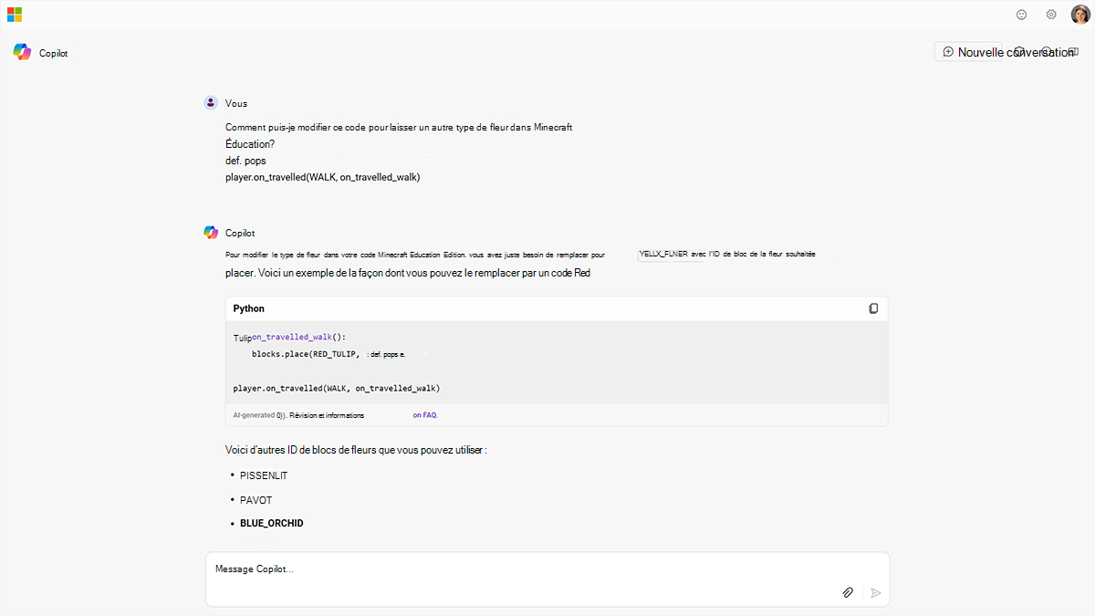 Capture d’écran d’une requête demandant le code Copilot pour Minecraft Education. Sélectionnez le lien suivant pour accéder à la version PDF accessible.