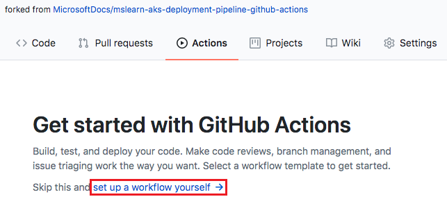 Screenshot that shows the Get started with GitHub Actions page on the GitHub website.