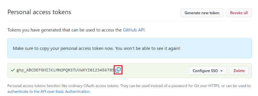 Screenshot that shows the personal access token after it's created.