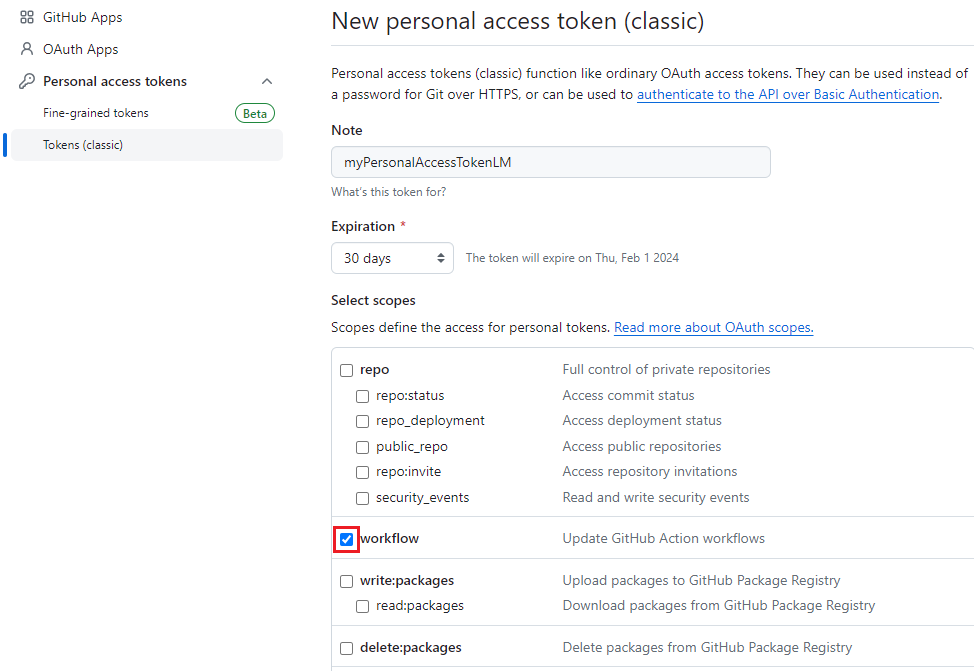 Screenshot that shows the personal access tokens page.