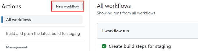 Screenshot that shows the New workflow button on the GitHub Actions page.
