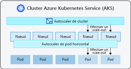 Diagram that shows how the cluster autoscaler adds nodes and how the horizontal pod autoscaler adds pods.