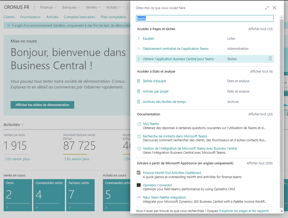 Capture d’écran affichant l’application Business Central pour Teams.