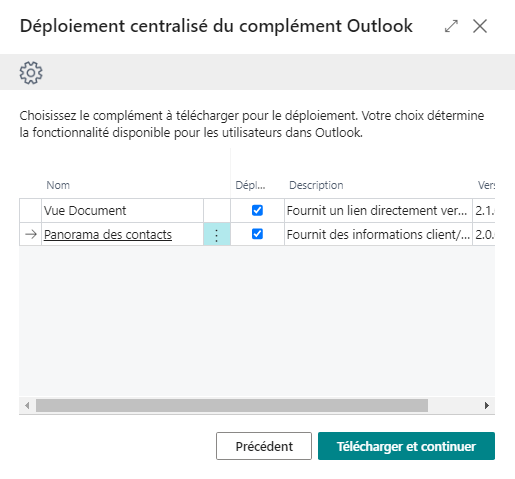Capture d’écran de la page Déploiement centralisé du complément centralisé dans Business Central.