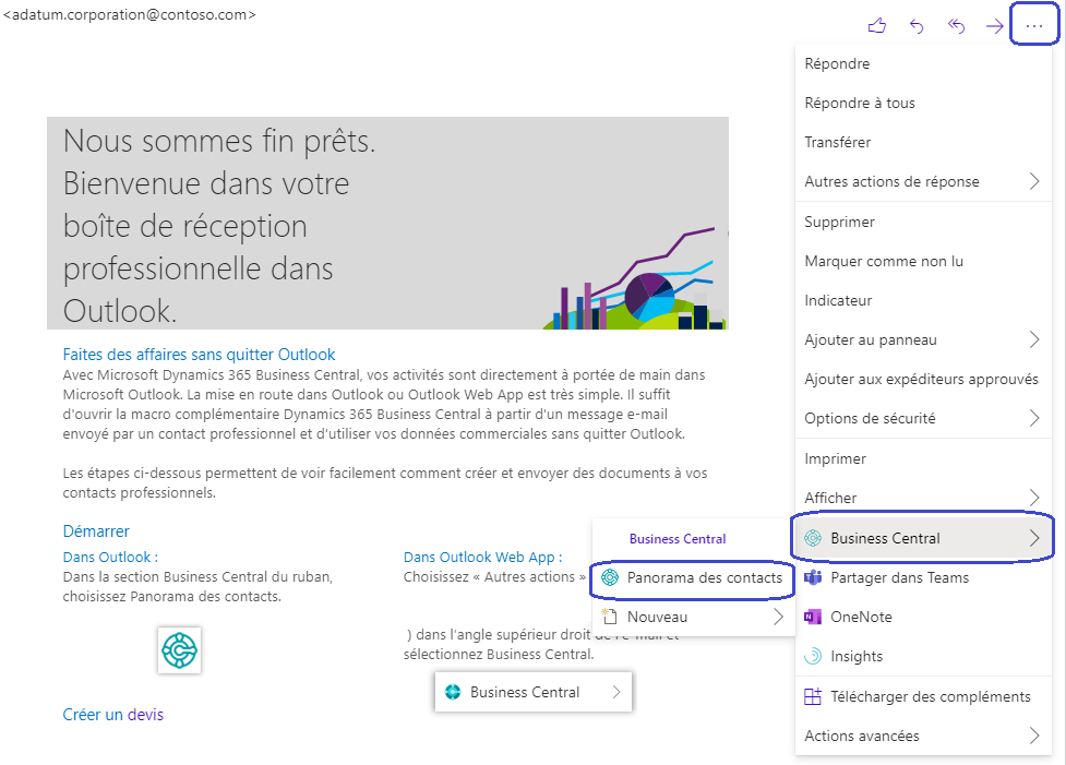 Capture d’écran de l’option Panorama des contacts de Business Central.