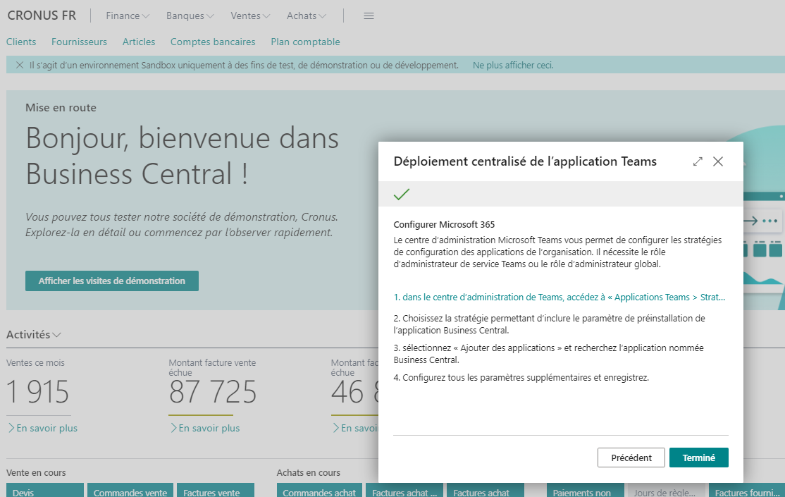 Capture d’écran montrant un déploiement Teams App Centralized Deployment réussi.