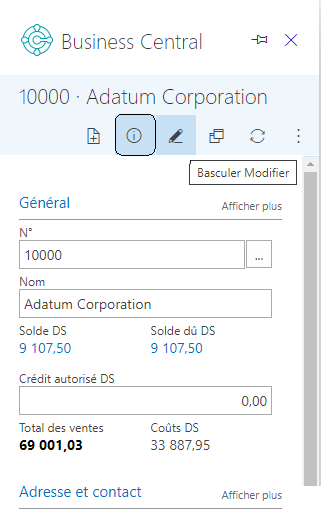 Option de modification des détails d’un client à l’aide d’Outlook.