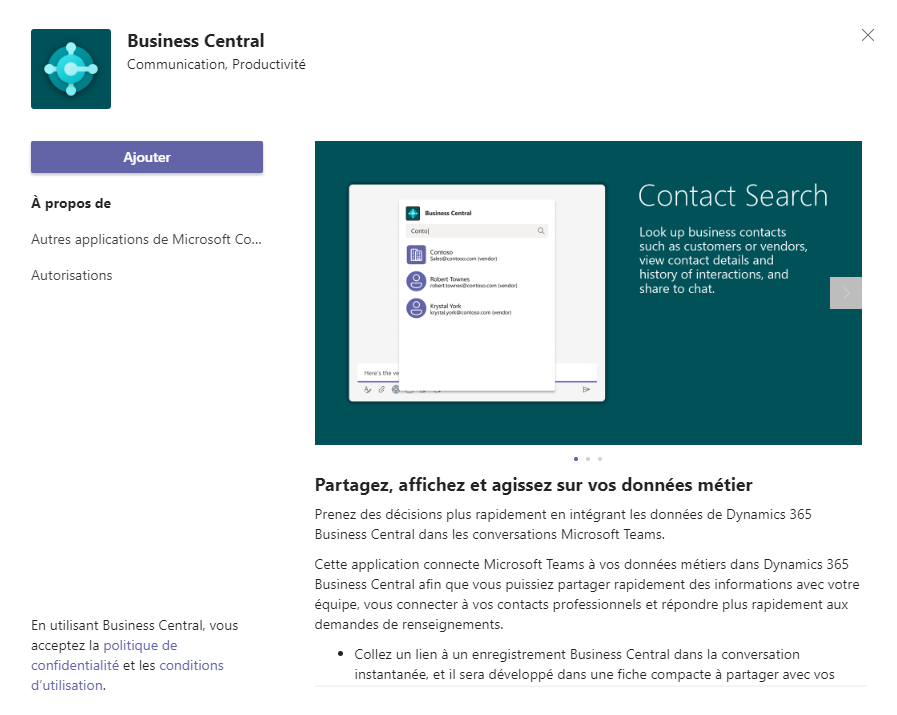 Capture d’écran de la boîte de dialogue de l’application Business Central.