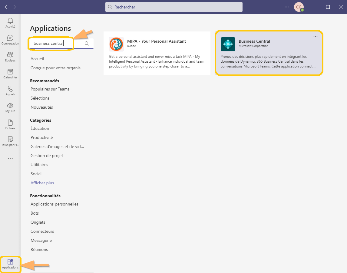 Capture de l’écran des applications dans Microsoft Teams affichant les résultats de la recherche pour Business Central, avec l’application mise en surbrillance.