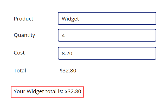 Capture d’écran illustrant le résumé de transaction « Le montant total de votre achat de Widget s’élève à : 32,80 $ ».