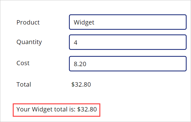 Capture d’écran illustrant le résumé de transaction « Le montant total de votre achat de Widget s’élève à : 32,80 $ ».