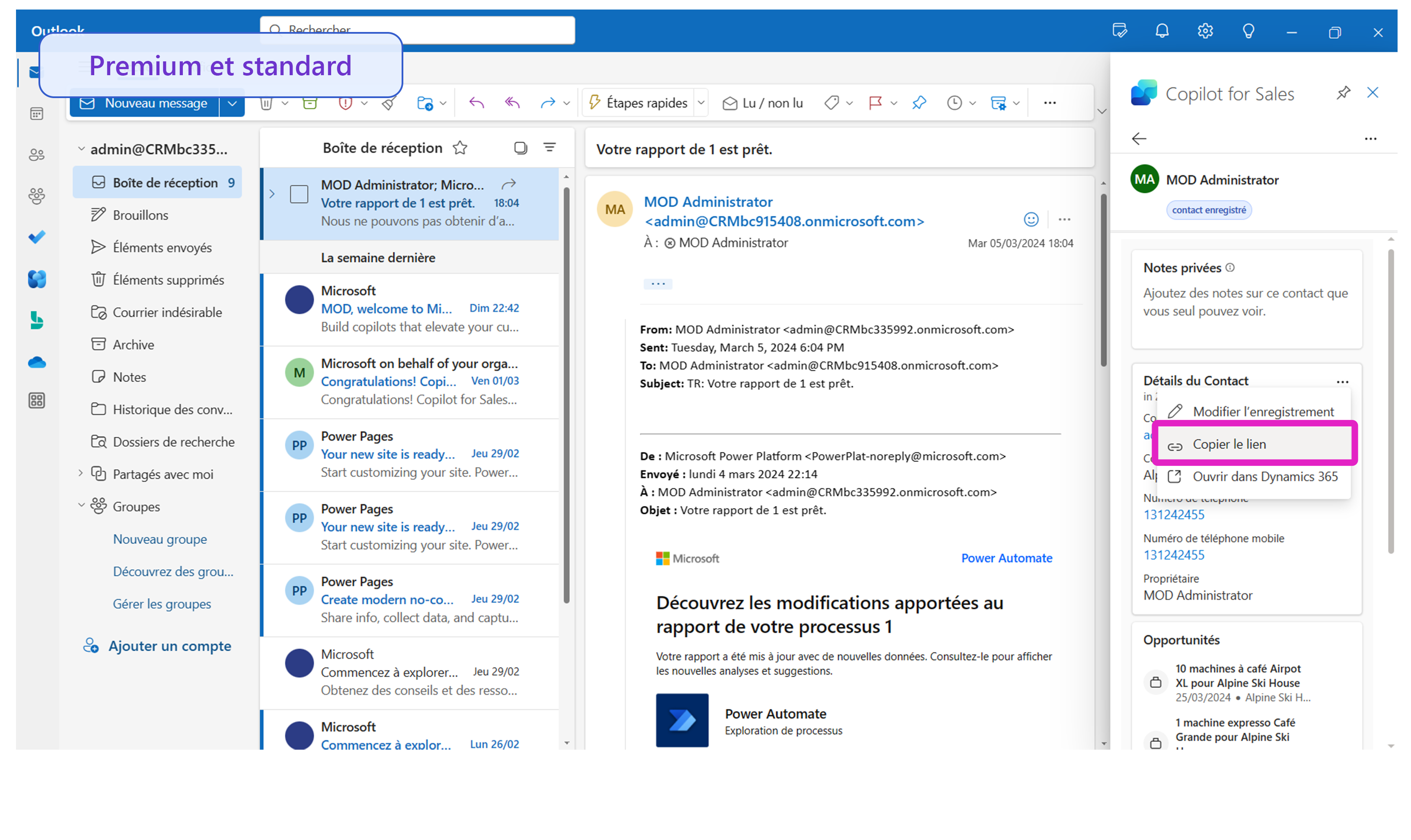 Capture d’écran illustrant l’option permettant de copier des enregistrements.