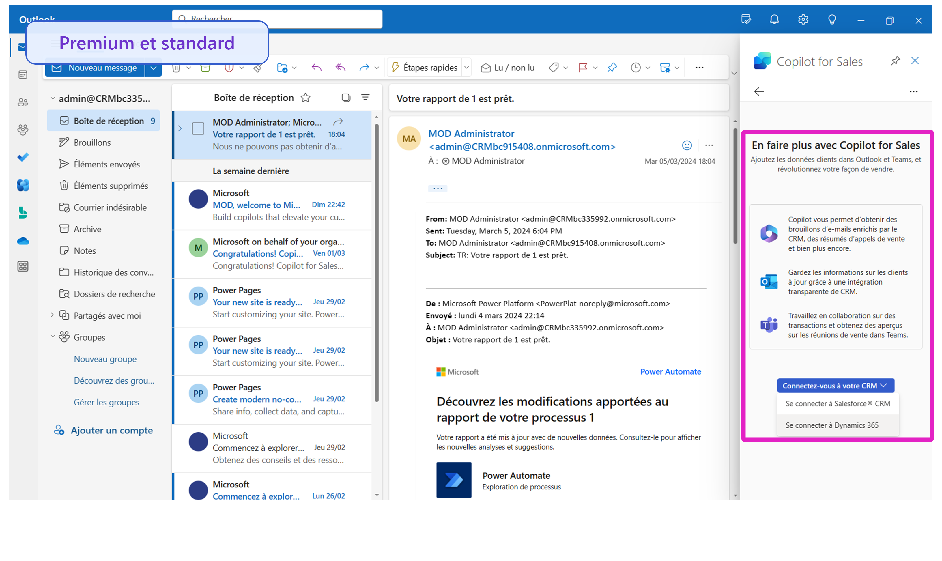 Capture d’écran illustrant les options de connexion pour Microsoft 365 Copilot pour les ventes.