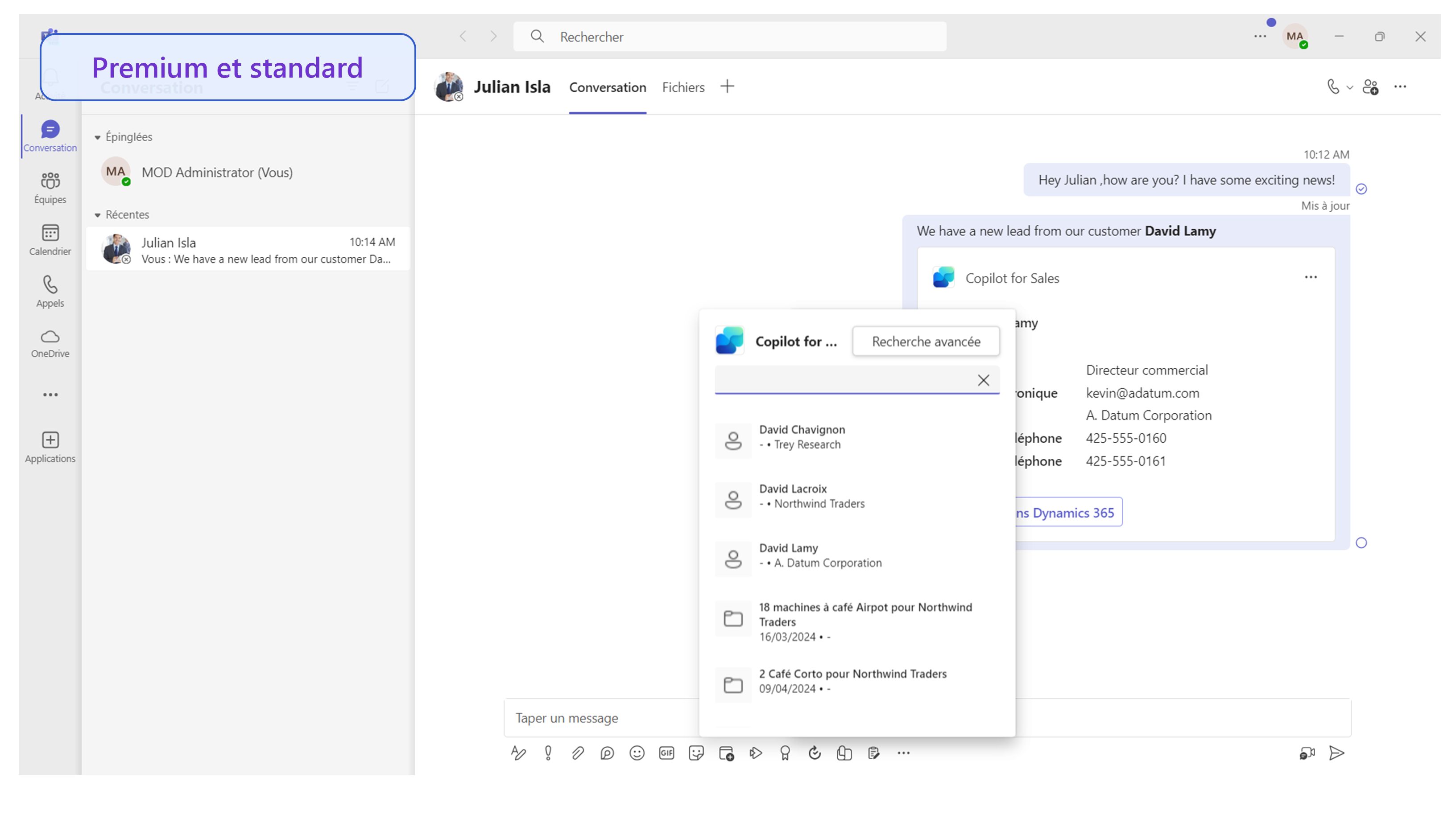 Capture d’écran illustrant la conversation instantanée Teams et les options permettant d’inclure des enregistrements.
