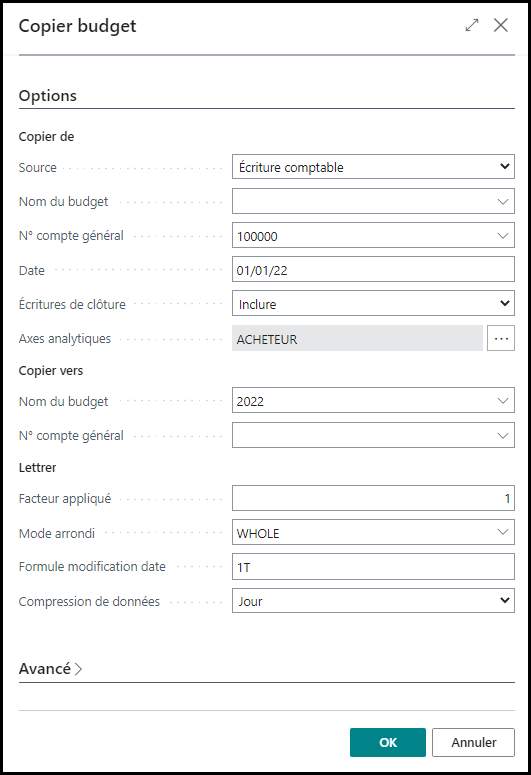Capture d’écran présentant un exemple de page Copier le budget comptable.