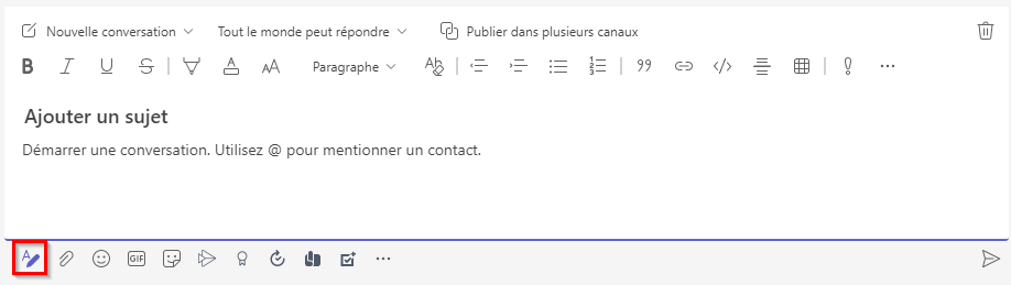 Capture d’écran du message avec le champ Ajouter un sujet et le bouton de format mis en surbrillance.