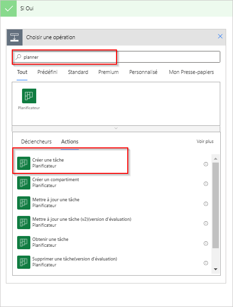 Capture d’écran de la boîte de dialogue Choisir une opération avec les résultats de la recherche pour planner.