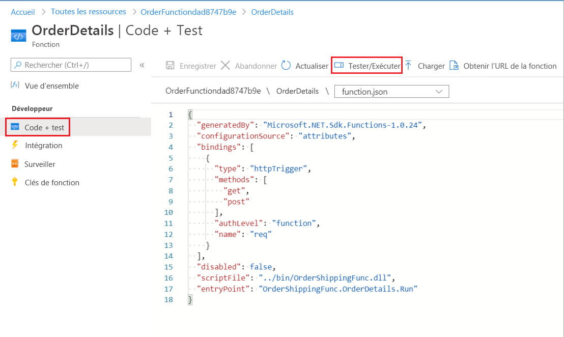 OrderDetails JSON code, with Code + Test in menu and Test/Run in command bar highlighted.