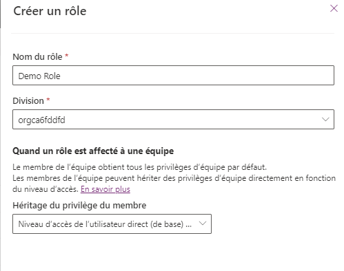 Capture d’écran du nom du rôle et des paramètres du nouveau rôle.