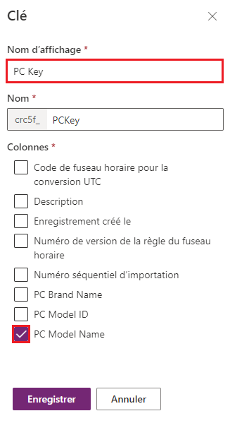 Capture d’écran de la boîte de dialogue Clé PC avec le champ Nom d’affichage et la colonne Modèle du PC sélectionnés.