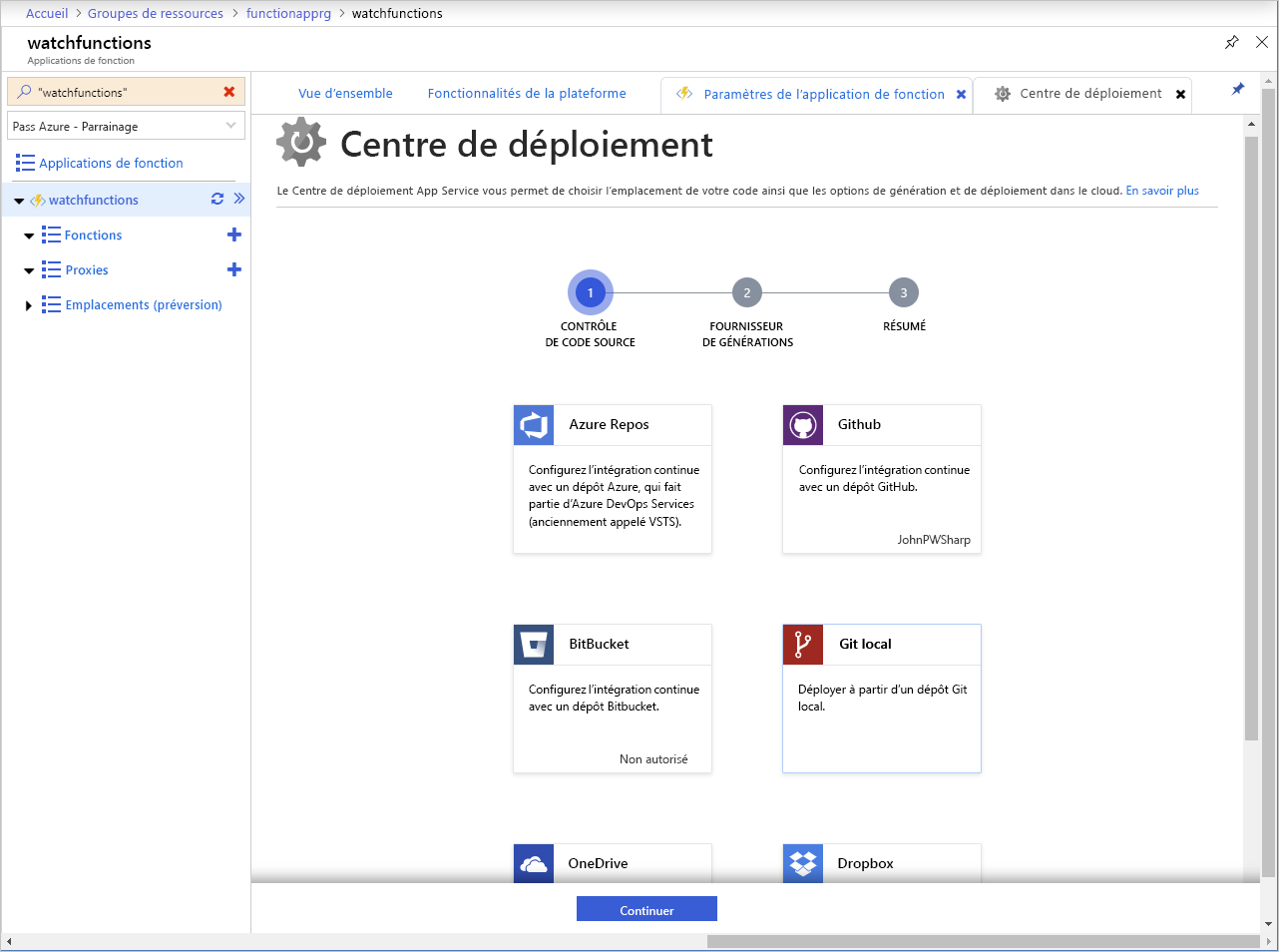 Capture d’écran de la page du Centre de déploiement dans une application Azure Functions.