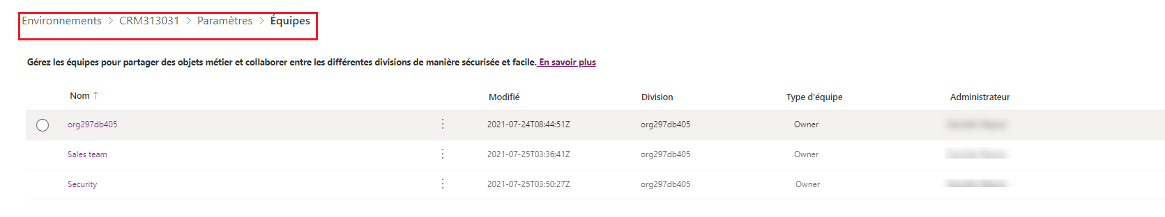 Capture d’écran de la vue de liste Teams.