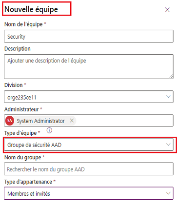 Capture d’écran du champ Type d’équipe défini sur Groupe de sécurité AAD.