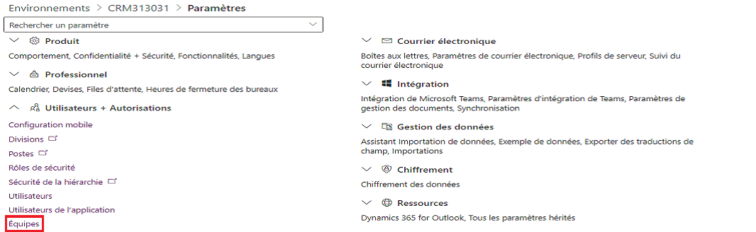 Capture d’écran de la page Paramètres avec l’option Teams sélectionnée sous Utilisateurs + autorisations.