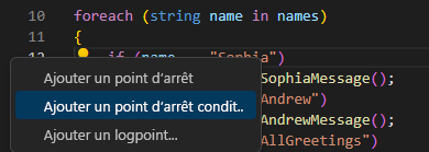 Capture d’écran montrant les options de définition de points d’arrêt conditionnels dans l’éditeur Visual Studio Code.