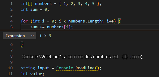 Capture d’écran montrant une expression de point d’arrêt conditionnel dans l’éditeur Visual Studio Code.