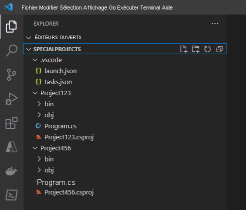 Capture d’écran montrant la structure des dossiers dans la vue EXPLORATEUR.