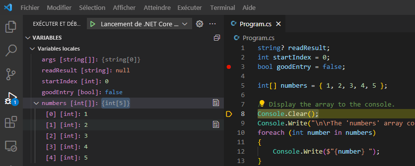 Capture d’écran montrant une variable dépliée dans la section Variables de la vue Exécuter et déboguer.