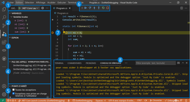 Capture d’écran montrant les sections de l’interface utilisateur du débogueur Visual Studio Code.