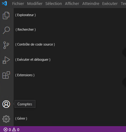 Capture d’écran montrant la barre d’activité Visual Studio Code avec des icônes étiquetées.