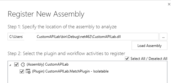 Capture d’écran illustrant la boîte de dialogue Enregistrer un nouvel assembly avec votre plug-in sélectionné.