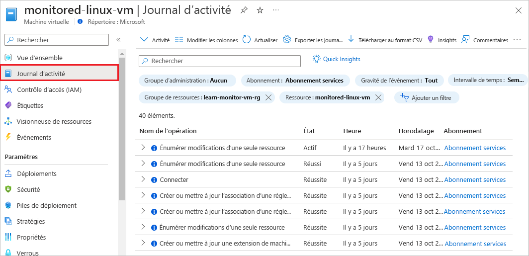 Capture d’écran du journal d’activité pour une machine virtuelle.