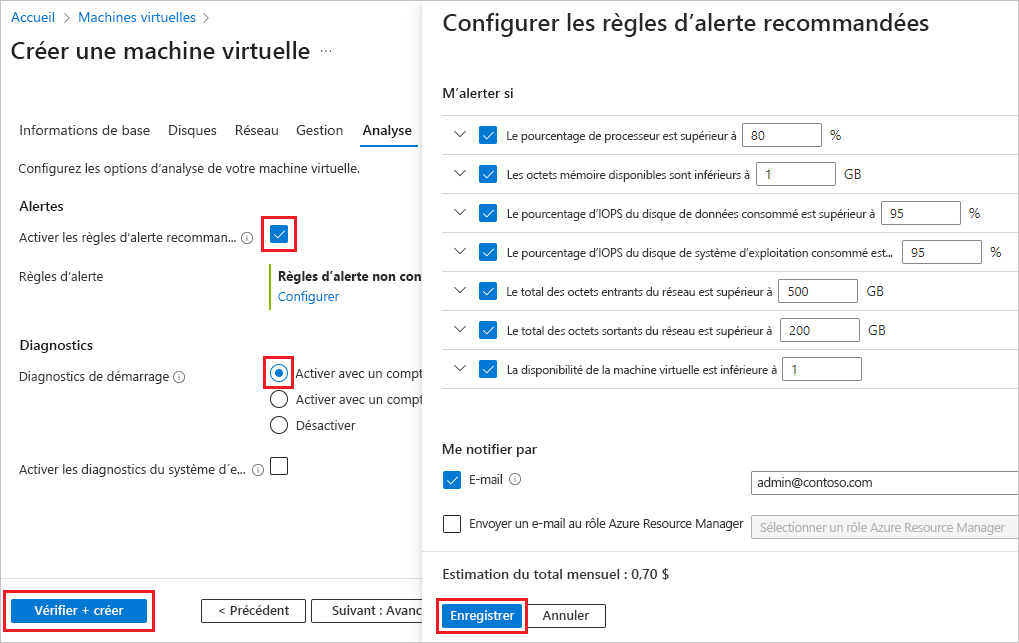 Capture d’écran montrant l’onglet Surveillance et l’écran de configuration de règle d’alerte de la page Créer une machine virtuelle.