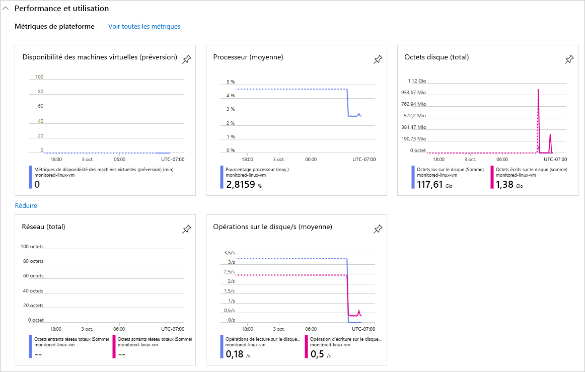 Capture d’écran montrant les graphiques de métriques de plateforme dans la page Vue d’ensemble de la machine virtuelle.