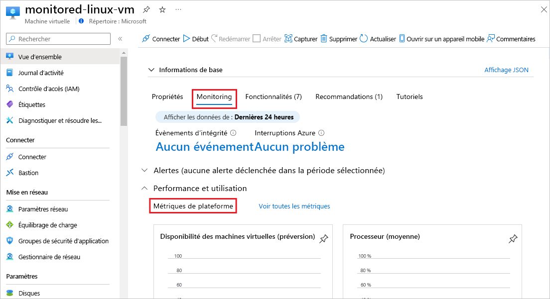 Capture d’écran montrant l’onglet Surveillance d’un écran Vue d’ensemble de la machine virtuelle.
