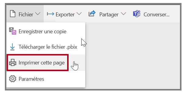 Capture d’écran de l’option « Exporter », « Imprimer ».