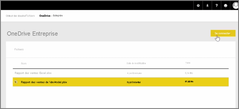 Capture d’écran de la sélection d’un fichier PBIX dans OneDrive Entreprise.