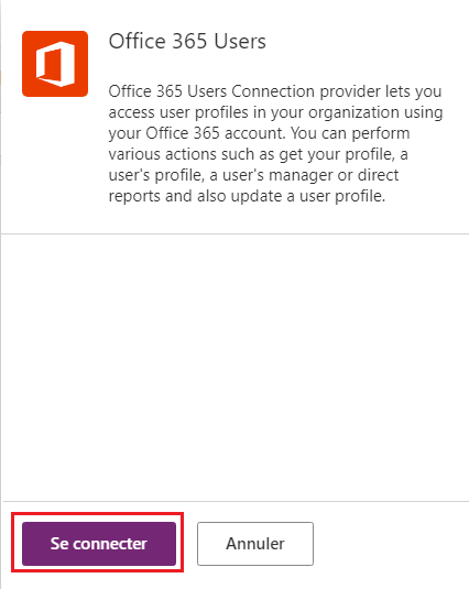 Capture d’écran de la fenêtre Utilisateurs d’Office 365 avec le bouton Connecter.
