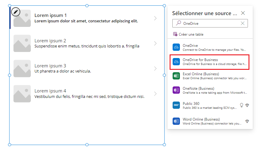 Capture d’écran de l’ajout d’une source de données OneDrive à une galerie.